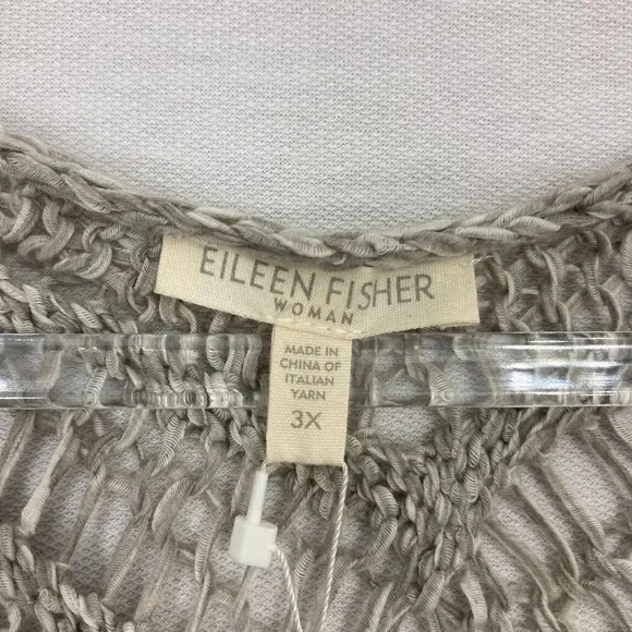 New Eileen Fisher Light Gray Open Knit Cotton Wonder Scallop Sweater 3X